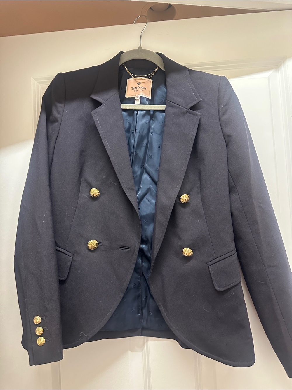 Juicy Couture Navy Double-Breasted Blazer with Gold Buttons sz 0